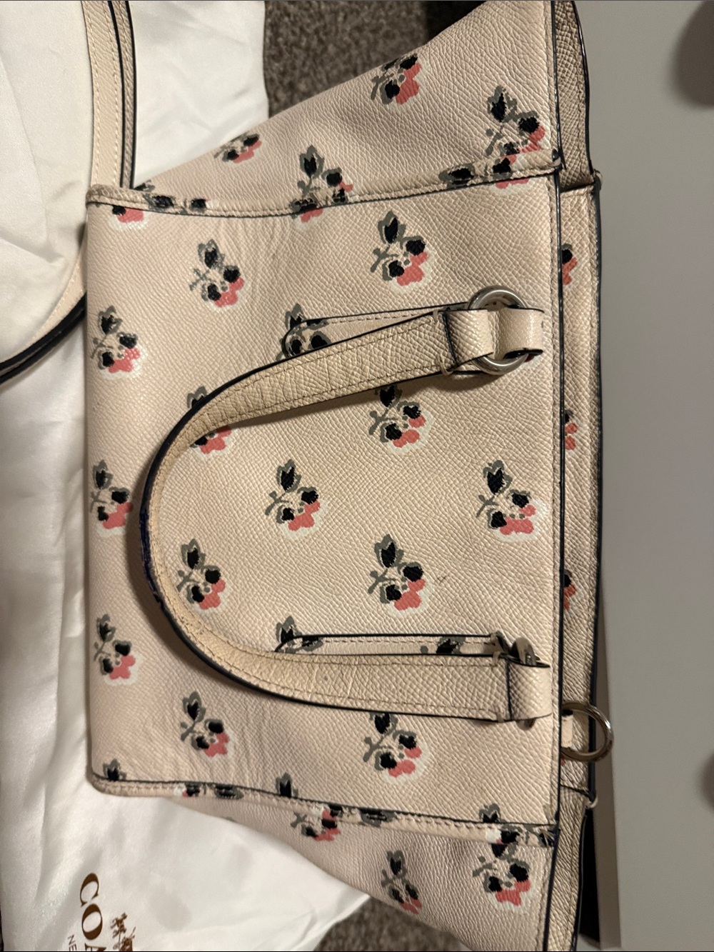 Coach Floral Print Leather Tote in Cream with Pink and Black Accents - Picture 3 of 6